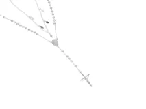 Rosario de plata 925 con doble collar, cadena con aplique y cruz.