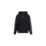 Hoodie Off-White color negro con capucha y cordones ajustables, bolsillo estilo canguro en la parte frontal y estampa gráfica de cadenas en las mangas.