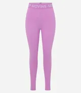 Legging deportiva de microfibra color lila, con cintura elástica ancha en contraste que presenta el texto Keep Mooving estampado.