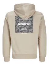 Buzo canguro beige de Jack & Jones con capucha y cordones ajustables. Estampado en la espalda con el logo de la marca y texto.