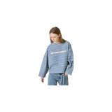 Buzo de cuello redondo Eme Studios modelo Dona Midnight Sky Reverse Crewneck, de diseño a rayas horizontales en tonos azules y blancos, con mangas largas y estampa frontal del logotipo.