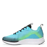 Championes de running Umbro Primus, color celeste con detalles en verde flúor y negro. Presentan cordones negros, logo de la marca en el lateral y suela blanca con detalles en negro.