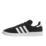 Zapatillas Adidas Campus Adv negras con las tres tiras blancas y detalles en dorado.