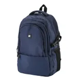 Mochila azul marino con múltiples bolsillos, incluyendo uno oculto en la espalda y otro frontal, laterales de red y uno interior para notebook. Tiene correas de compresión laterales, elástico para carry on y es impermeable.
