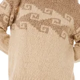 Buzo de punto Rip Curl con diseño geométrico en tonos tierra, cuello redondo y mangas largas con puños acanalados.