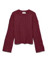 Sweater de punto con diseño trenzado tipo cable, cuello redondo y mangas largas con volumen. Presenta un calce regular y textura chunky.