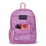 Mochila Jansport Cross Town color lila con estampado de flores y rayas horizontales. Tiene un compartimento principal grande, un bolsillo frontal con organizador interno, un bolsillo lateral para botella de agua, panel trasero acolchado y correas de hombro acolchadas.
