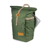 Mochila Jansport Hatchet Rolltop color verde con detalles en beige.