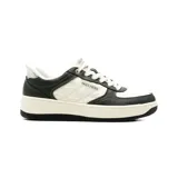 Championes deportivos Skechers Slip-ins Court 2.0 Cozy Fit Daily Journey, combinación de blanco y negro con diseño acolchado romboidal en los laterales, suela plataforma y cordones blancos.