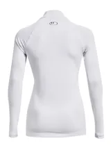 Remera térmica Under Armour de manga larga, color blanco, con cuello alto y el logo de la marca estampado en el cuello. Cuenta con mangas raglán y diseño ajustado.