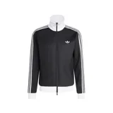 Campera deportiva Adidas modelo Beckenbauer, color negro con cuello alto, puños y cintura en color blanco. Presenta las icónicas tres tiras blancas en los hombros y mangas, cierre frontal completo y logo del trébol bordado en el pecho.