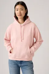 Buzo hoodie rosa con cordones ajustables y bolsillo tipo canguro.