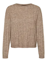 Sweater de punto grueso con diseño acanalado vertical, cuello redondo y mangas largas con puños ajustados.
