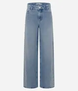 Pantalón wide leg de tiro bajo confeccionado en jean de algodón, con cierre frontal y aplicación de brillos y tachas en los laterales.