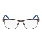 Anteojos de metal color marrón con patillas azules.