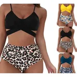 Conjunto de bikini de dos piezas de la marca Uniteduy, compuesto por un crop top amarillo liso con diseño cruzado y tirantes finos, y una bombacha de tiro alto con estampado floral y de hojas en tonos amarillos, verdes y blancos.