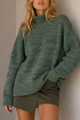 Polerón de tejido de punto con efecto nevado en color verde, de cuello alto, manga larga y diseño oversize.
