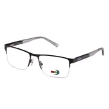 Armazón de lentes de receta MDQ modelo M37, con diseño semi al aire en color negro mate. Presenta patillas combinadas en negro y gris con detalles en azul, y puente nasal ajustable.