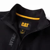Buzo negro de corte clásico con cierre frontal parcial, cuello alto y bolsillo tipo canguro. Presenta el logo de la marca estampado verticalmente en el pecho y puños con terminación elástica.