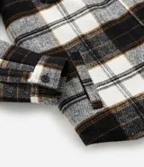 Campera de franela a cuadros con forro de sherpa, cuello tipo polo, cierre frontal con botones y bolsillos delanteros con solapa.