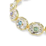 Pulsera dorada con cristales multicolores en talla redonda y talla octogonal. Cierre de mosquetón y cadena de alargue.