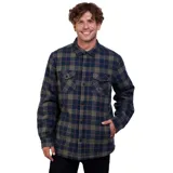 Camisa overshirt de franela con interior de chiporro, diseño a cuadros en tonos azul y verde, con cierre frontal de botones, bolsillos laterales y bolsillos frontales con solapa.