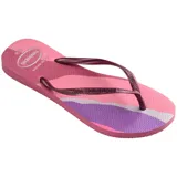 Sandalias de dedo Havaianas Slim Palette Glow para mujer, con tiras finas negras con brillos y logo en relieve. Suela con estampado ondulado multicolor en tonos negros, rosados, celestes y grises, con acabado brillante.