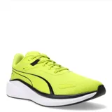 Championes de running Puma modelo Skyrocket Lite, color amarillo neón con detalles en negro y suela blanca. Presentan diseño de malla transpirable, cierre con cordones y tecnología de amortiguación en la entresuela.