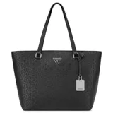 Cartera tipo tote Guess modelo Viviette, color negro con estampado monograma de la marca en relieve. Cuenta con doble asa de hombro, cierre superior y placa metálica decorativa colgante.