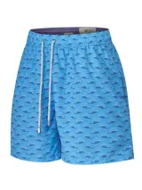 Short de baño azul con estampado de delfines, cintura elástica y cordones ajustables blancos y grises.