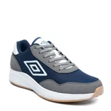 Championes deportivos Umbro Volcan II para hombre, en color azul marino con inserciones de gamuza sintética gris, detalles blancos y suela de goma con base tostada.