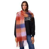 Bufanda de tejido suave y esponjoso con diseño de cuadros grandes en tonos cálidos y fríos, terminada con flecos en los extremos y etiqueta de la marca.
