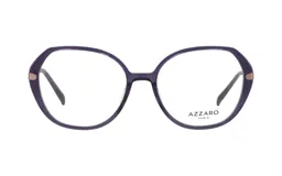 Armazón para lentes de acetato color violeta con forma irregular y detalles dorados en las bisagras.