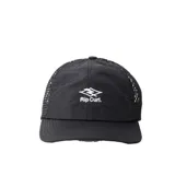 Gorra tipo trucker negra con paneles de red en la parte trasera, visera curva y logo bordado de Rip Curl en el frente.