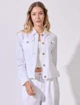 Camisa tipo campera de lino marca Dash, color blanco, con cierre frontal de botones, cuello camisero y bolsillos con solapa en el pecho.