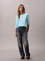 Remera de manga larga Calvin Klein de color celeste, con cuello redondo y corte regular. Presenta un pequeño logo bordado en el pecho.