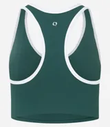 Top deportivo Get Over de microfibra verde oscuro con escote en V y espalda nadador. Presenta bies de color blanco en los bordes y costados.