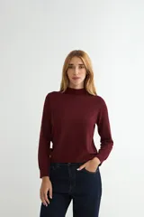 Polera de punto color beige, con cuello alto y mangas largas, de diseño básico y ajuste clásico.