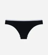 Bombacha de bikini tipo vedetina, de diseño sin costuras, color marrón con ribetes contrastantes en color lila en la cintura y blanco en las piernas.