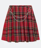 Minifalda plisada de poliéster con estampado de cuadros escoceses en tonos rojo, negro, blanco y amarillo. Incluye dos cadenas metálicas plateadas decorativas.