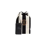 Mochila tipo saco Saint Laurent modelo Rive Gauche con diseño de rayas verticales negras y blancas, cierre de cordón ajustable y bordado circular dorado con el logo YSL.