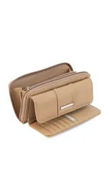 Billetera larga marca Lincoln's, color bordó con interior beige. Presenta un diseño con solapa frontal, múltiples compartimentos para tarjetas, visor y monedero con cierre.