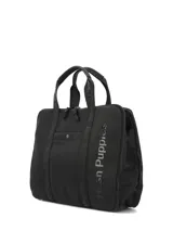 Maletín porta notebook Hush Puppies modelo Helston de color negro, con asas de mano fijas con el logo de la marca estampado y cierre principal con doble deslizador. Cuenta con un bolsillo frontal con broche a presión y el logo de la marca en el lateral.