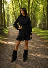 Vestido corto de lino color negro, con cuello alto con volado, mangas largas con puños fruncidos y falda con volado en el ruedo. Incluye un lazo removible para ajustar en la cintura.