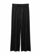 Pantalon de vestir negro de corte recto y tiro alto, confeccionado en tejido con acabado brillante y textura sutil.