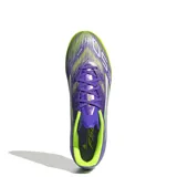 Championes de fútbol 5 Adidas F50 League TF, unisex, color púrpura con detalles en blanco y amarillo limón.