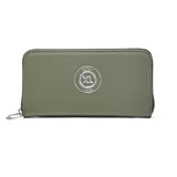 Billetera tipo fichero de la marca Extra Large, color verde militar, con cierre perimetral y logo metálico circular en el centro.