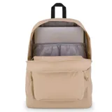 Mochila Jansport Superbreak Plus color beige con logo de la marca en azul y rojo.