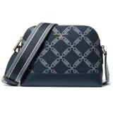 Cartera bandolera Michael Kors de color azul marino, con monograma geométrico de cadenas entrelazadas y las iniciales MK. Cuenta con una base de cuero sintético liso y una correa ajustable de tela a rayas. Detalles metálicos en tono dorado.