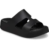 Sandalias de plataforma Crocs modelo Getaway Platform H-Strap, color negro. Presentan una suela elevada y una tira ancha en forma de H con aberturas laterales.